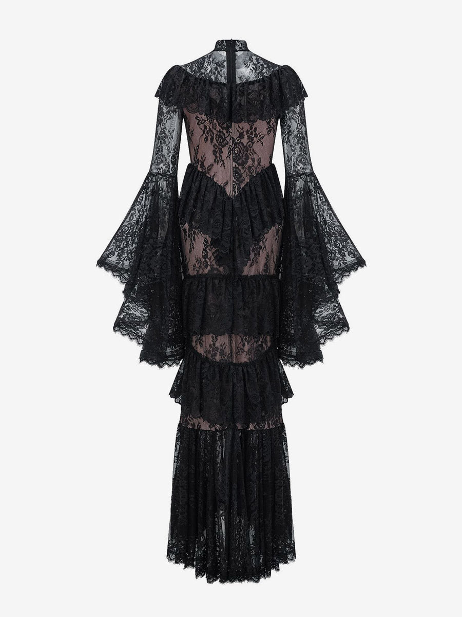 black long sleeve collared lace dress — view 3
