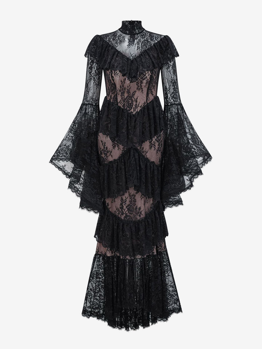Black Long-Sleeve Collared Lace Dress — view 2