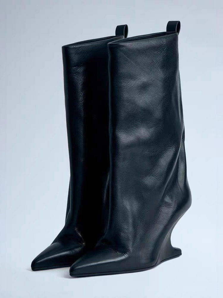 Grey Pointed-Toe Wedge Suede-Effect Mid-Calf Boots — view 4