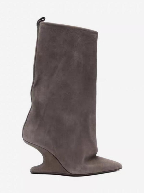 Grey Pointed-Toe Wedge Suede-Effect Mid-Calf Boots — view 3