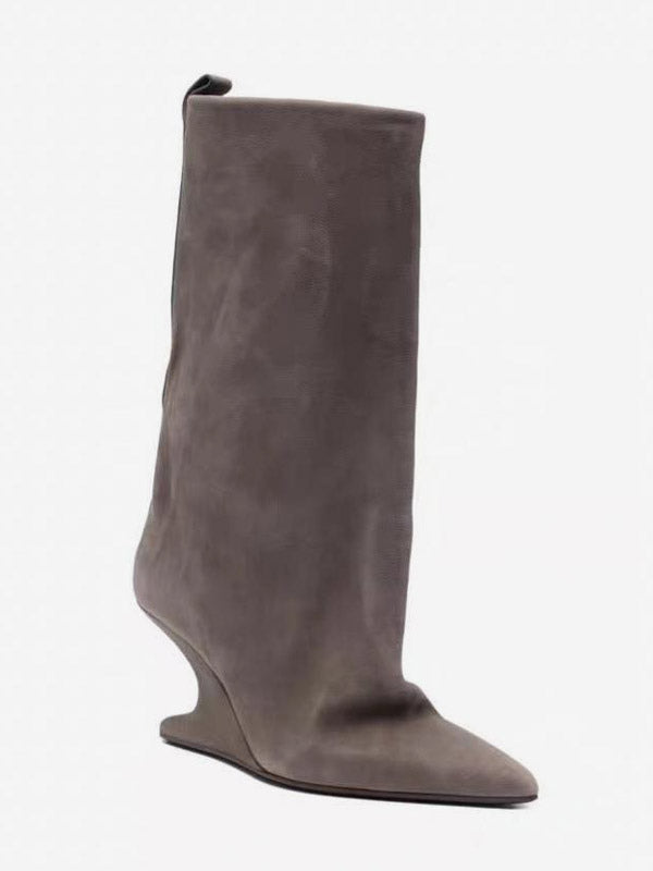Grey Pointed-Toe Wedge Suede-Effect Mid-Calf Boots — view 2