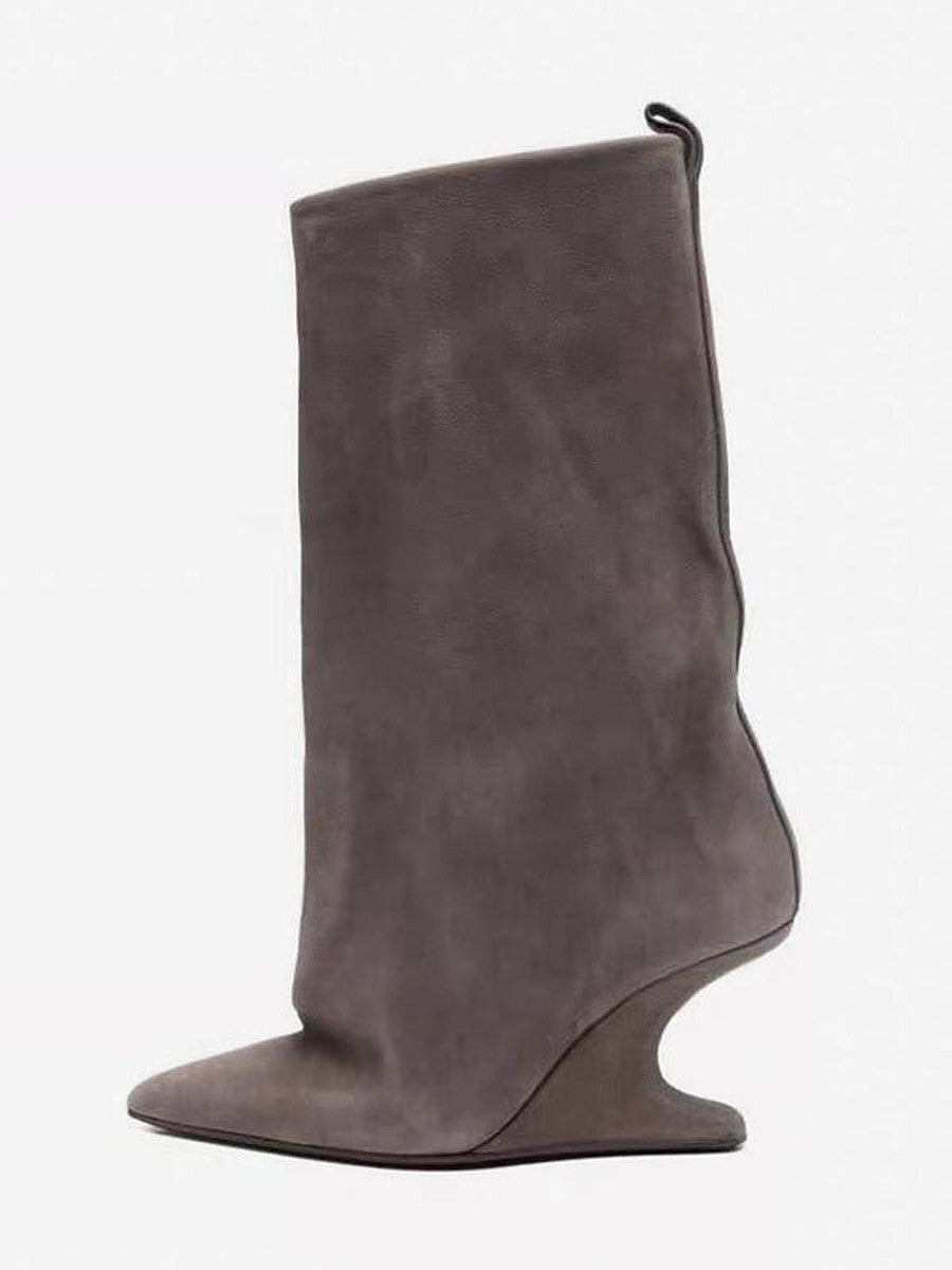 Grey Pointed-Toe Wedge Suede-Effect Mid-Calf Boots — view 1