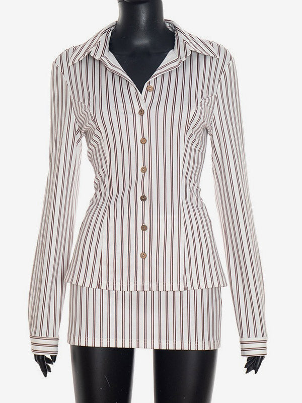 brown long sleeve striped two piece set — view 5