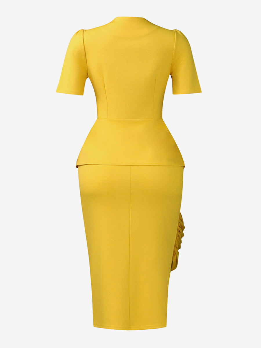 yellow short sleeve pleated two piece set — view 3