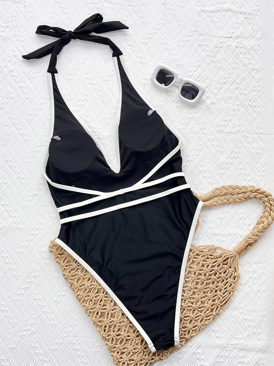 Black Lace-Up V-Neck Swimsuit — view 5