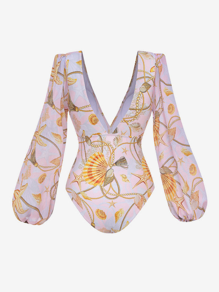 Yellow Long-Sleeve Puff-Sleeve V-Neck Swimsuit — view 8