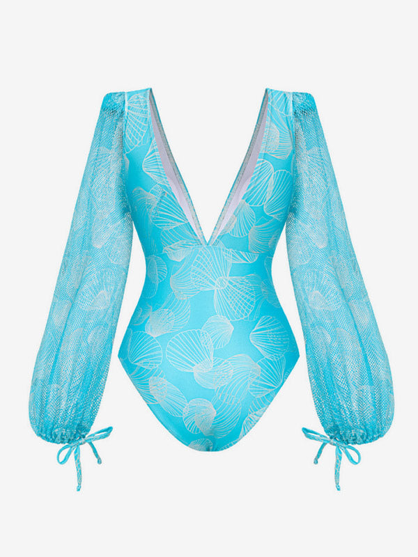 Orange Lace-Up Long-Sleeve Puff-Sleeve Swimsuit — view 8