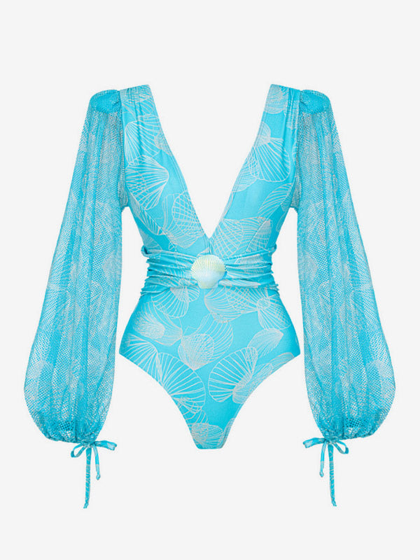 orange lace up long sleeve puff sleeve swimsuit — view 7