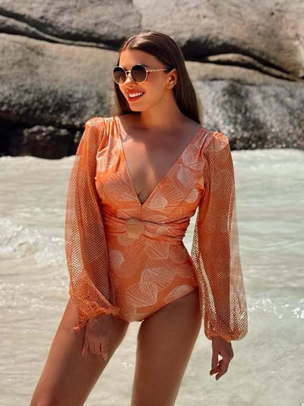 Orange Lace-Up Long-Sleeve Puff-Sleeve Swimsuit — view 15