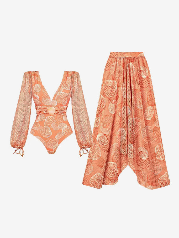 Orange Lace-Up Long-Sleeve Puff-Sleeve Swimsuit — view 16