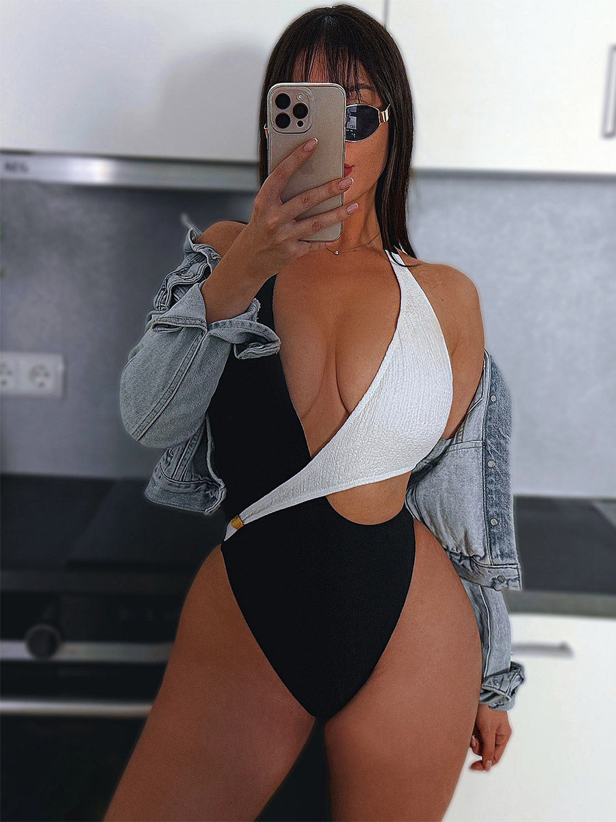 black halter neck cut out swimsuit — view 3