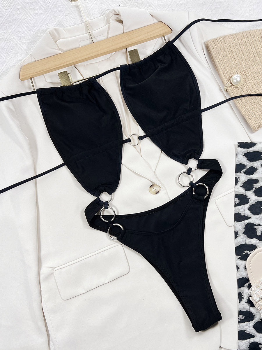 black halter neck cut out swimsuit — view 3