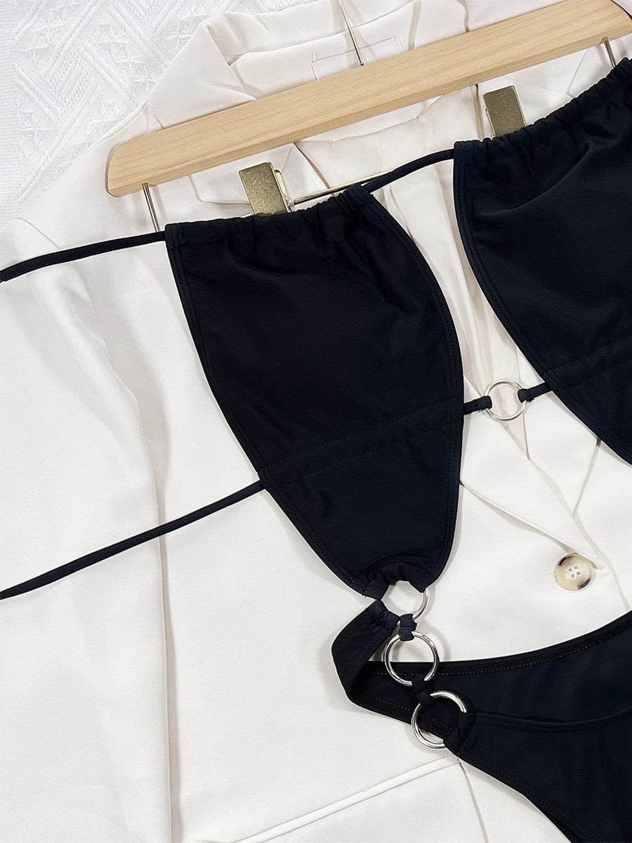 black halter neck cut out swimsuit — view 4