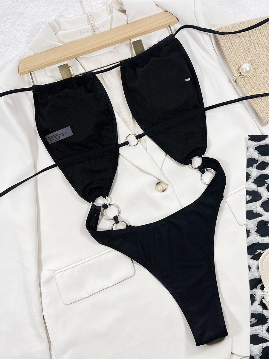 black halter neck cut out swimsuit — view 5