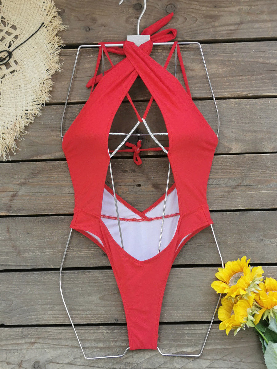 red halter neck cut out swimsuit — view 9