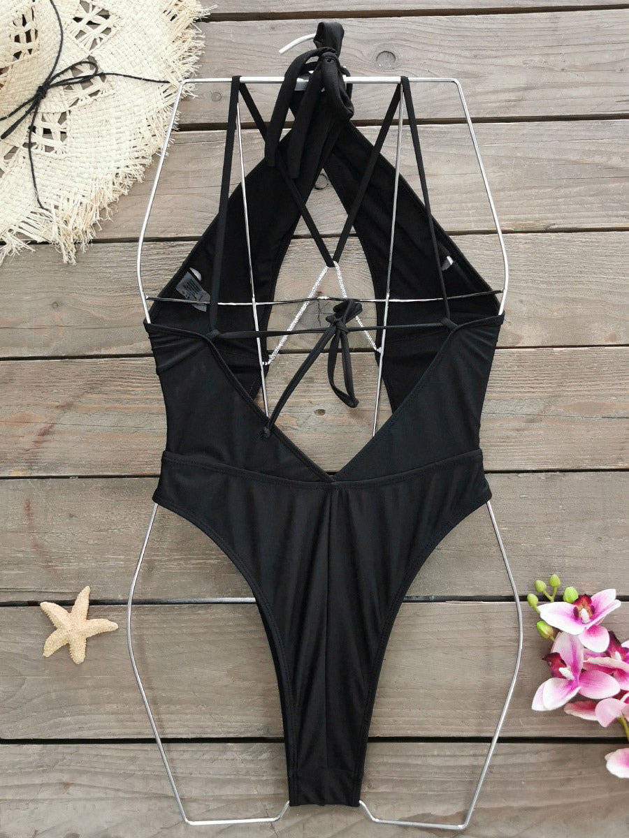 red halter neck cut out swimsuit — view 5