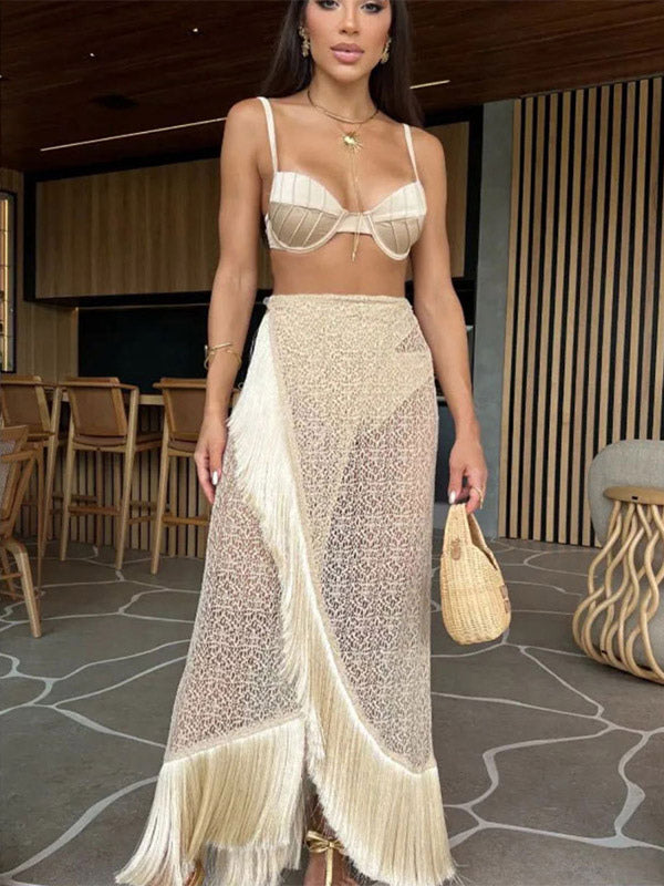apricot sleeveless ruffle strappy beach cover up — view 3