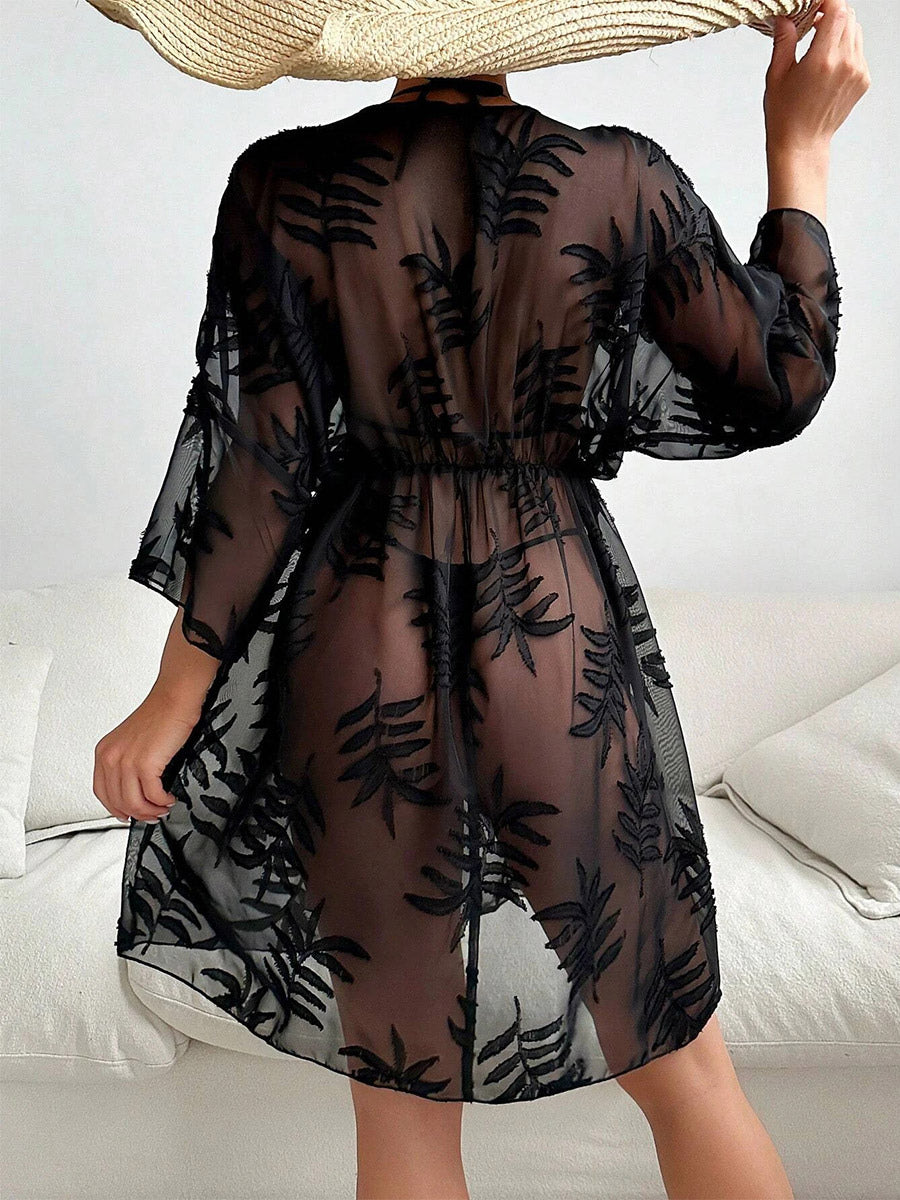 Black V-Neck Sheer Beach Cover-Up — view 5