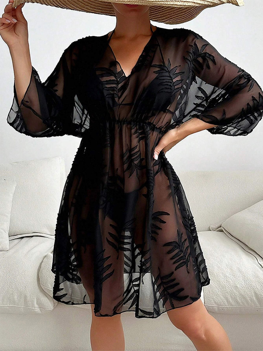 Black V-Neck Sheer Beach Cover-Up — view 3