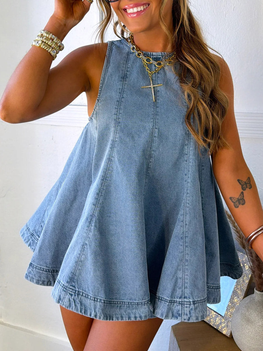 ivory sleeveless denim mini dress — view 3