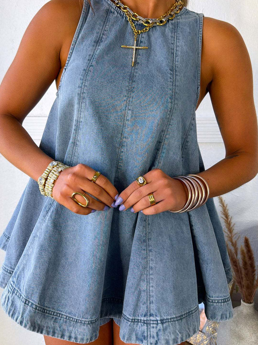 ivory sleeveless denim mini dress — view 7