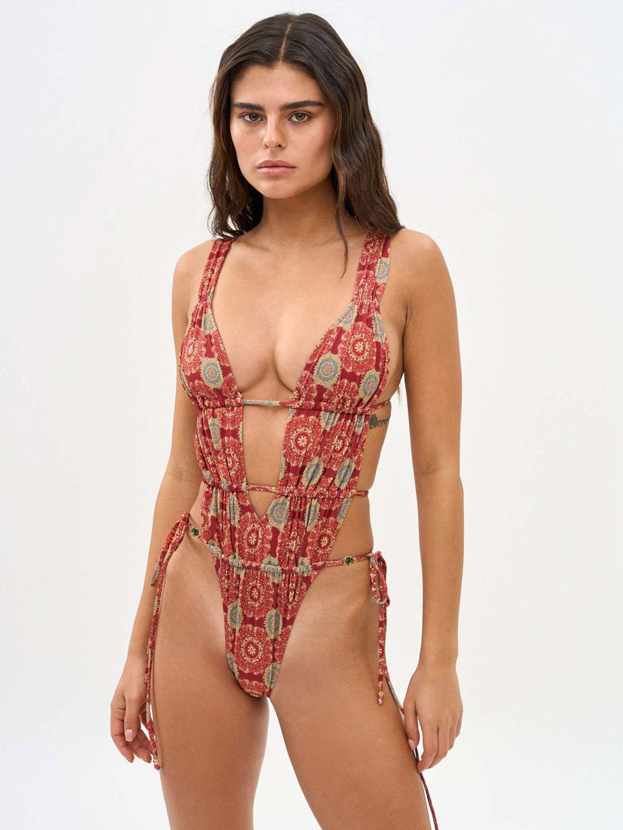 burgundy v neck floral swimsuit — view 4