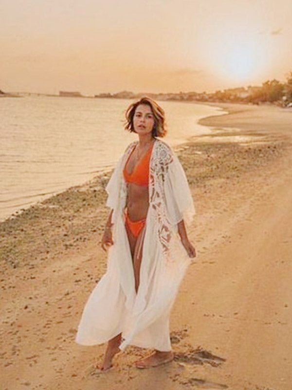 white long sleeve relaxed lace beach cover up — view 9
