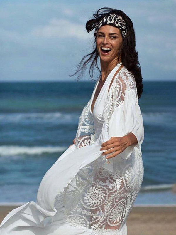 white long sleeve relaxed lace beach cover up — view 6