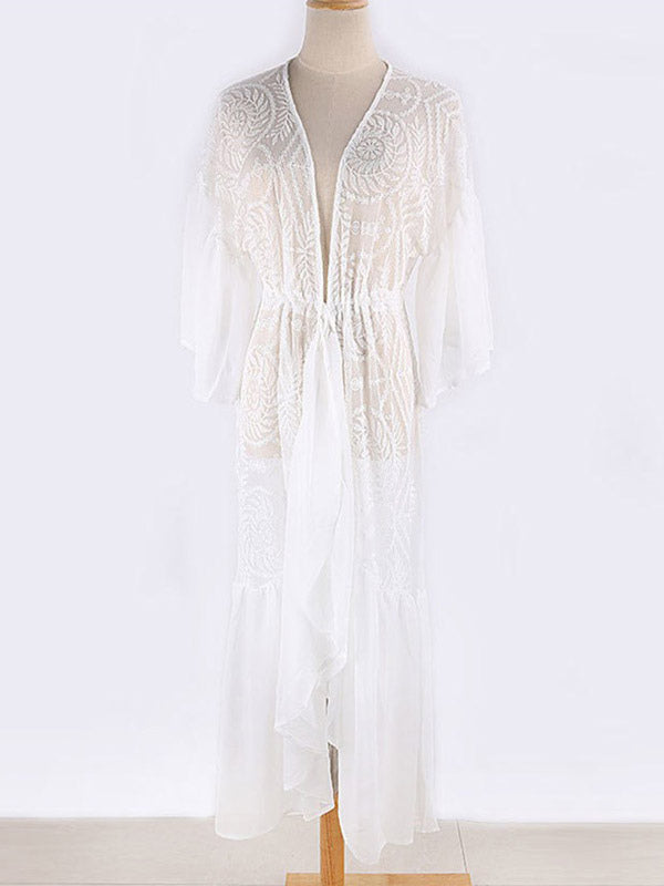 White Long-Sleeve Relaxed Lace Beach Cover-Up — view 5