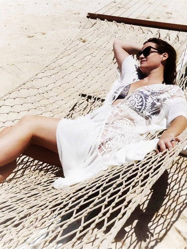 white long sleeve relaxed lace beach cover up — view 4