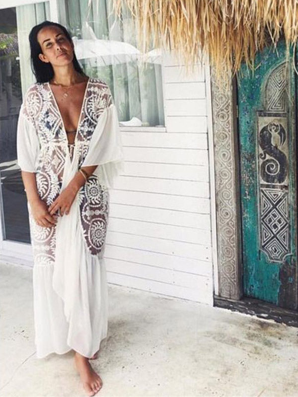 white long sleeve relaxed lace beach cover up — view 3