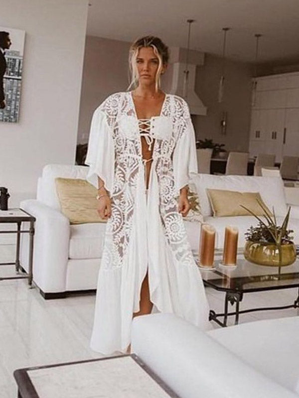 white long sleeve relaxed lace beach cover up — view 2