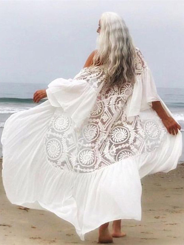 white long sleeve relaxed lace beach cover up — view 1
