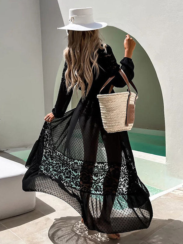 Black Long-Sleeve Ruffle Relaxed Beach Cover-Up — view 5