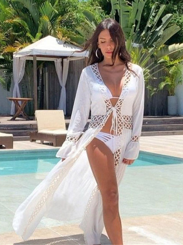 white long sleeve ruffle lace beach cover up — view 2