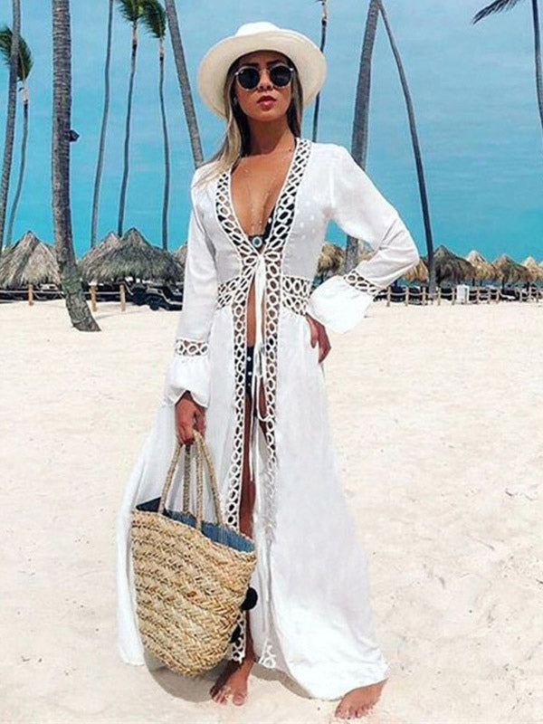 white long sleeve ruffle lace beach cover up — view 3