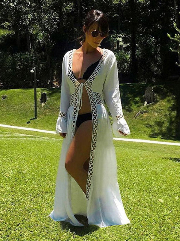 white long sleeve ruffle lace beach cover up — view 5