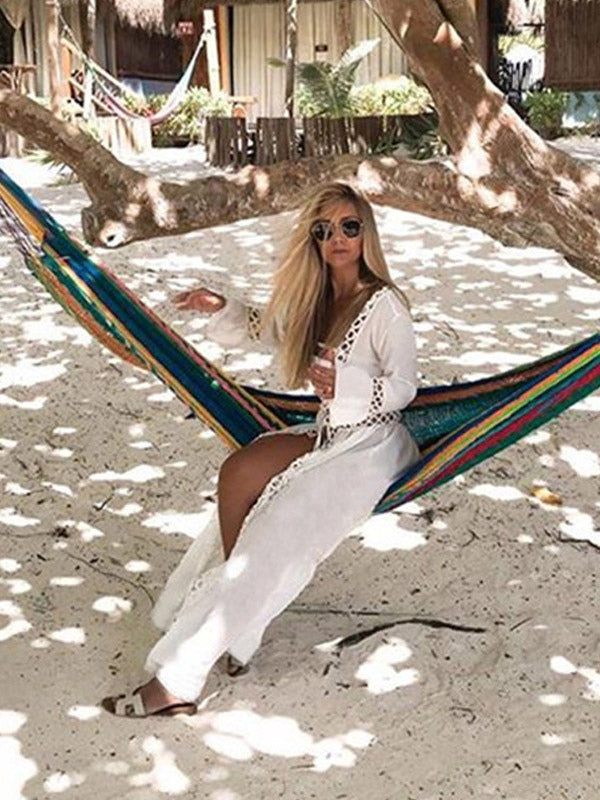 white long sleeve ruffle lace beach cover up — view 7