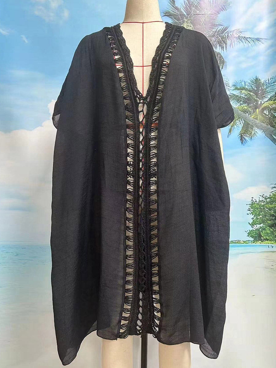 black short sleeve v neck beach cover up — view 9