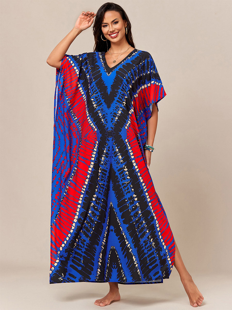 green short sleeve v neck relaxed beach cover up — view 1