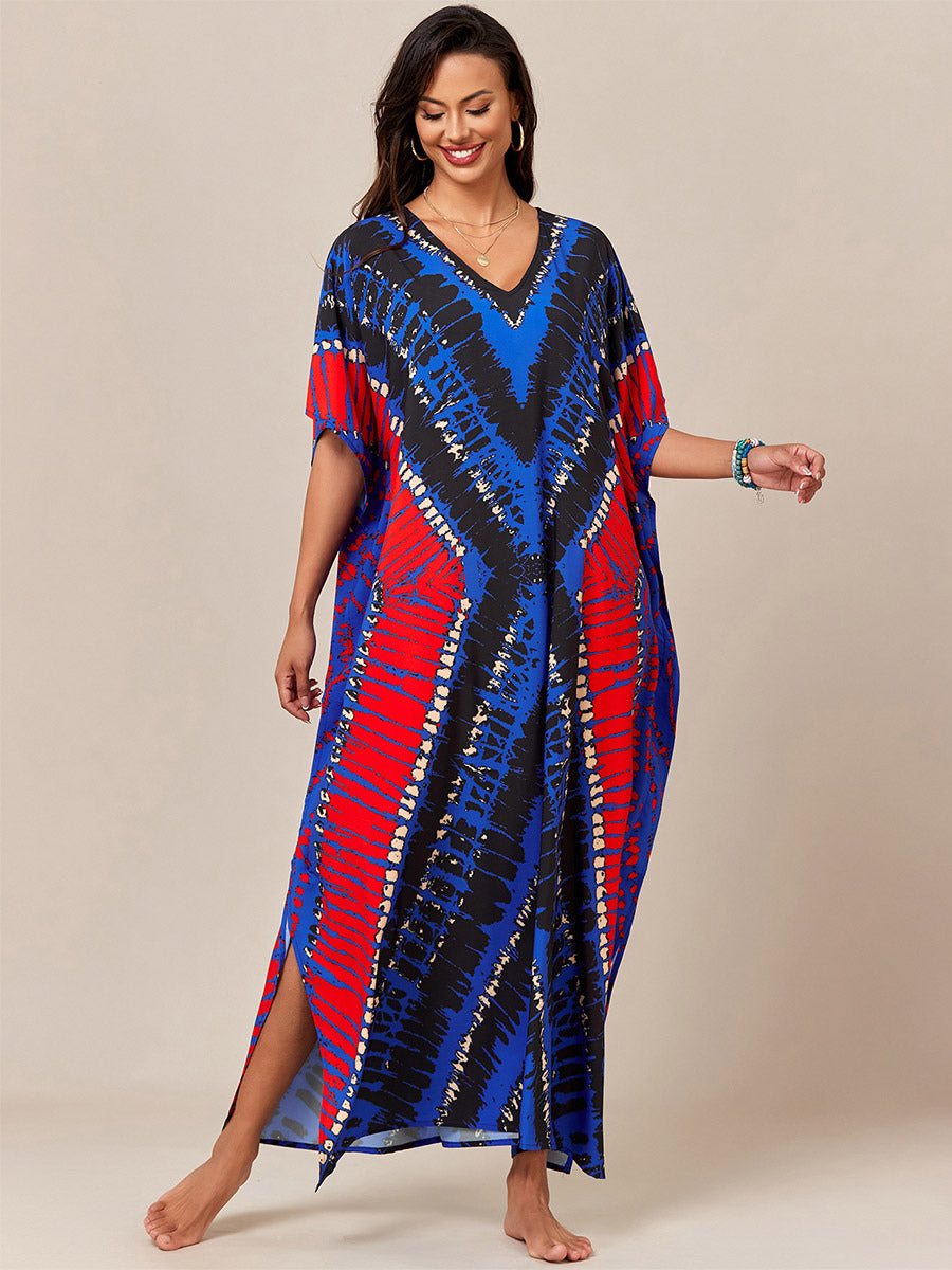 green short sleeve v neck relaxed beach cover up — view 2