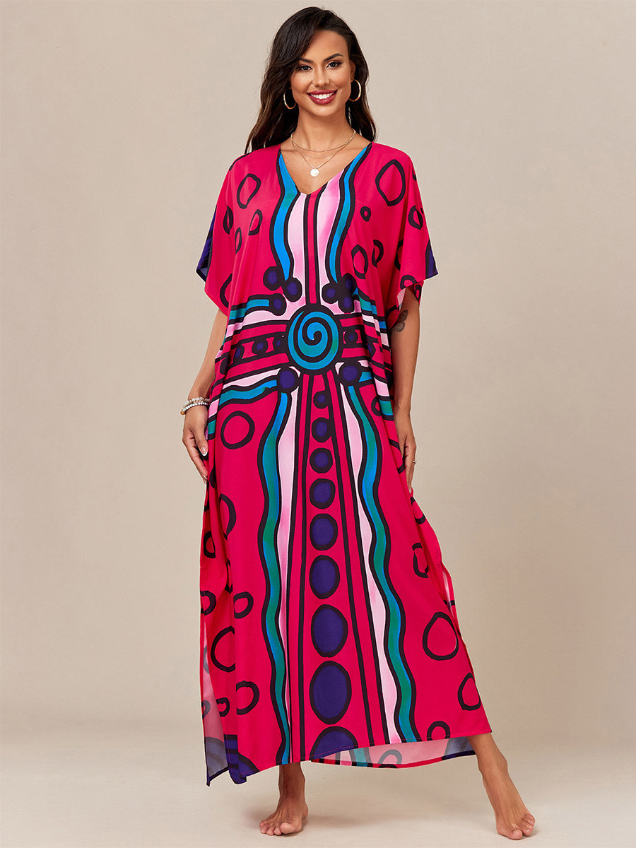 green short sleeve v neck relaxed beach cover up — view 5