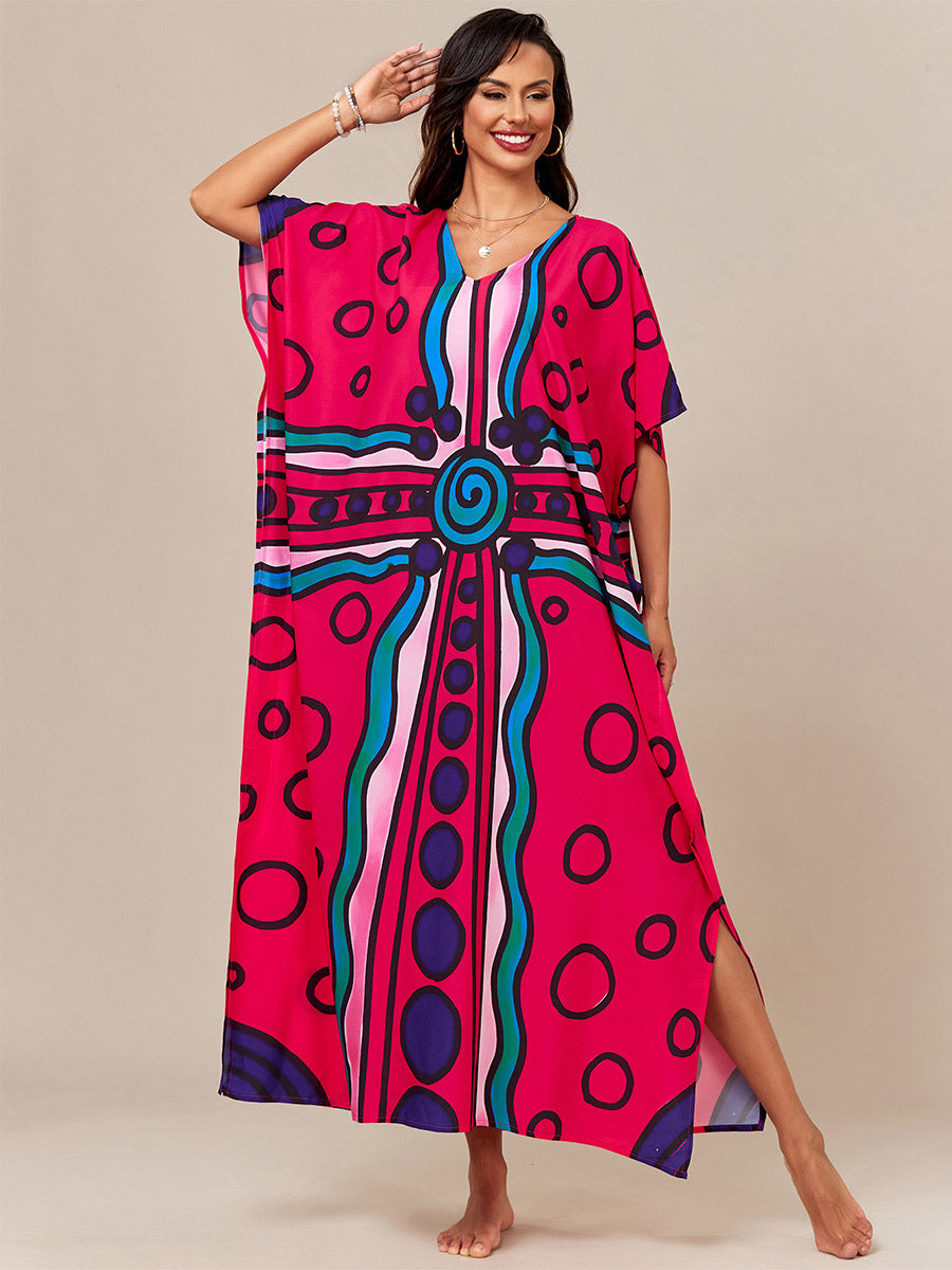 green short sleeve v neck relaxed beach cover up — view 7