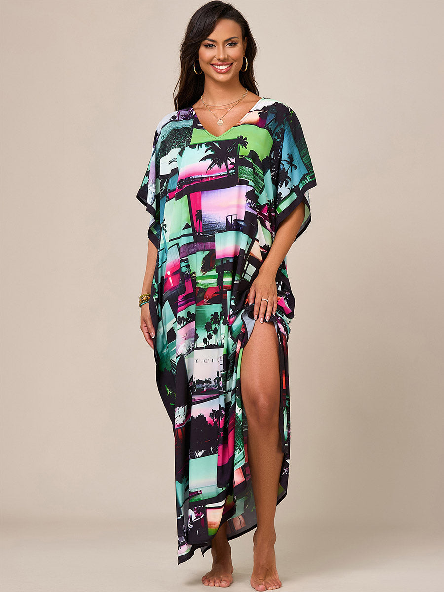 green short sleeve v neck relaxed beach cover up — view 8