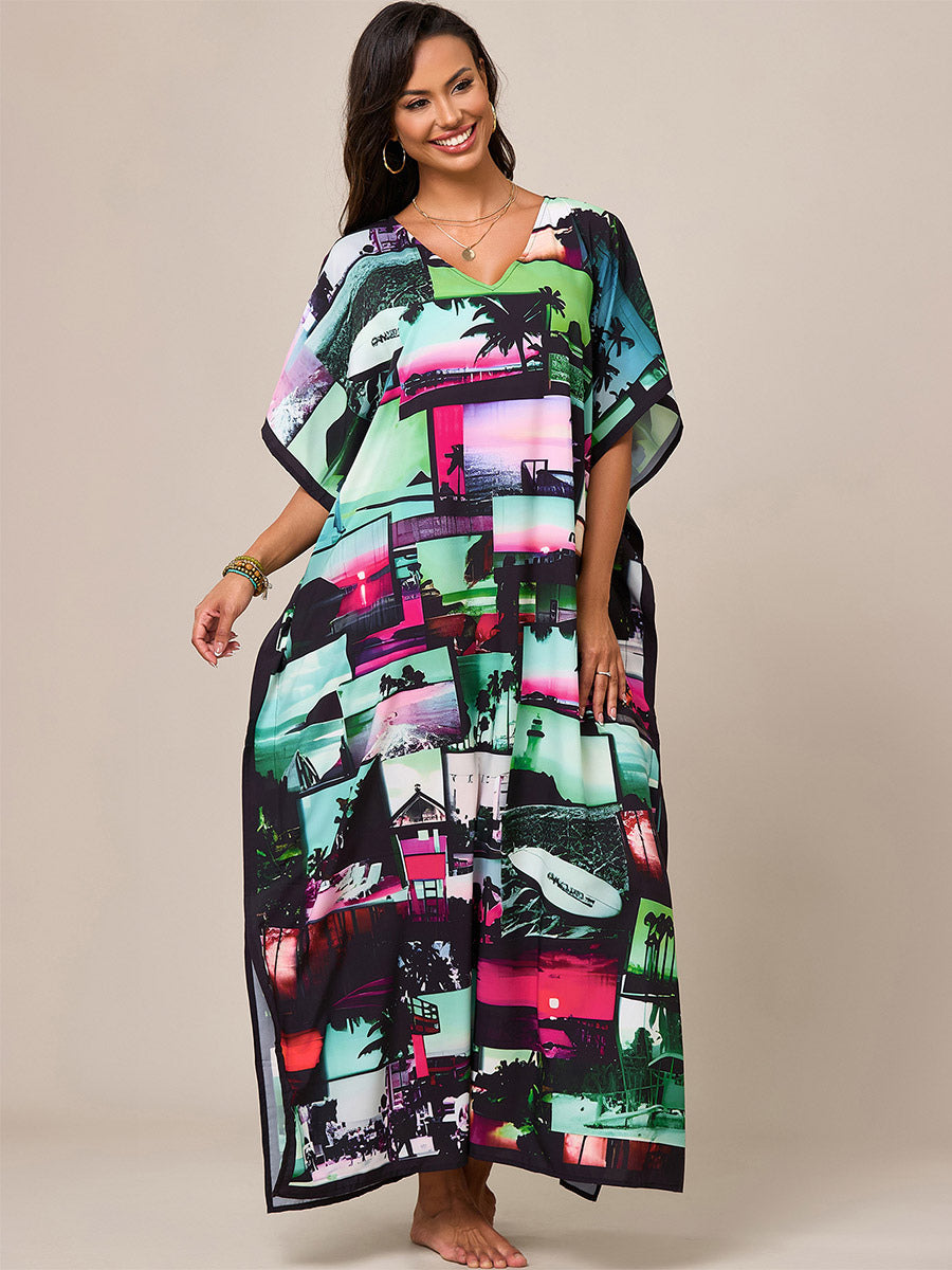 green short sleeve v neck relaxed beach cover up — view 9