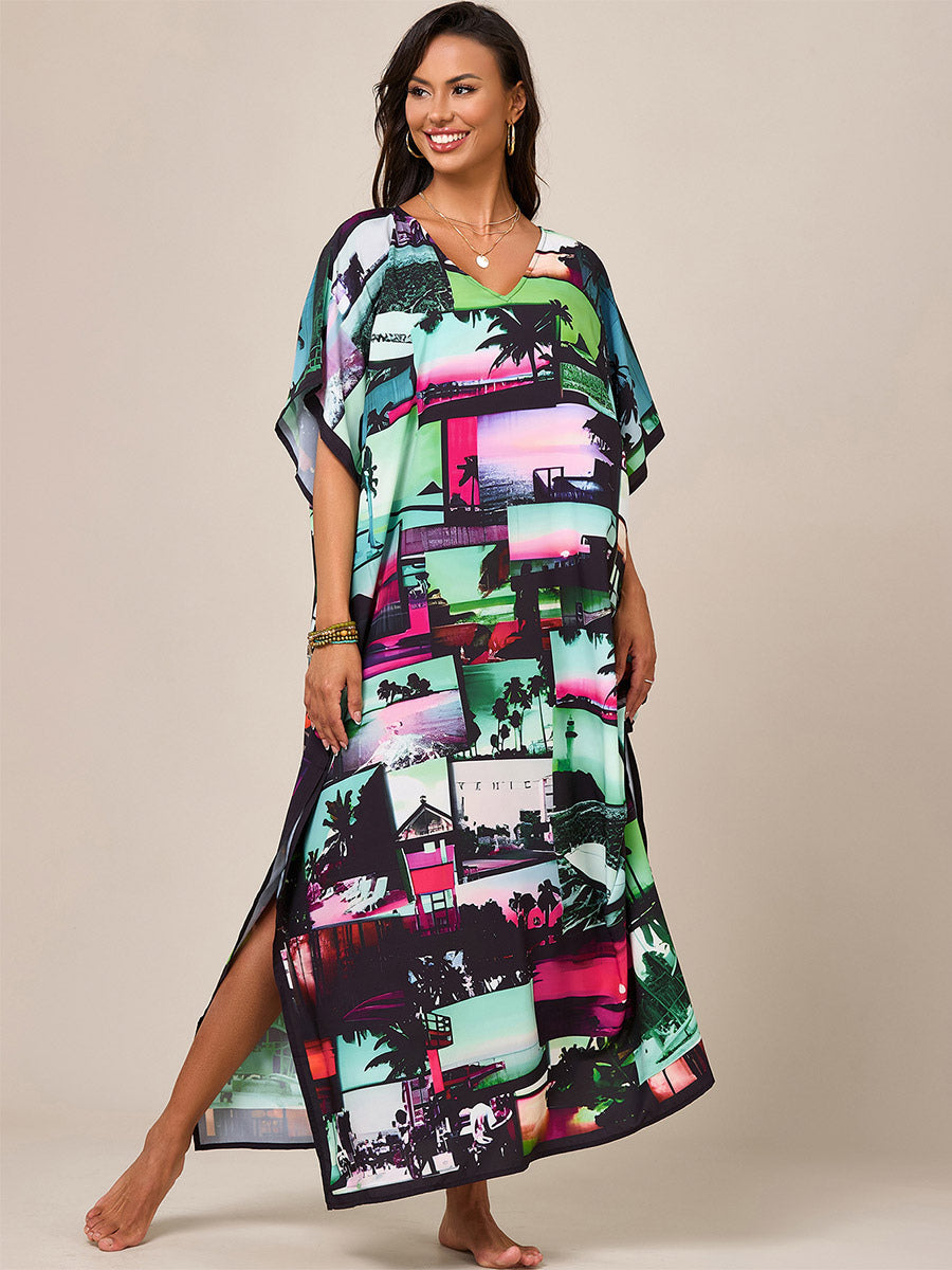green short sleeve v neck relaxed beach cover up — view 10