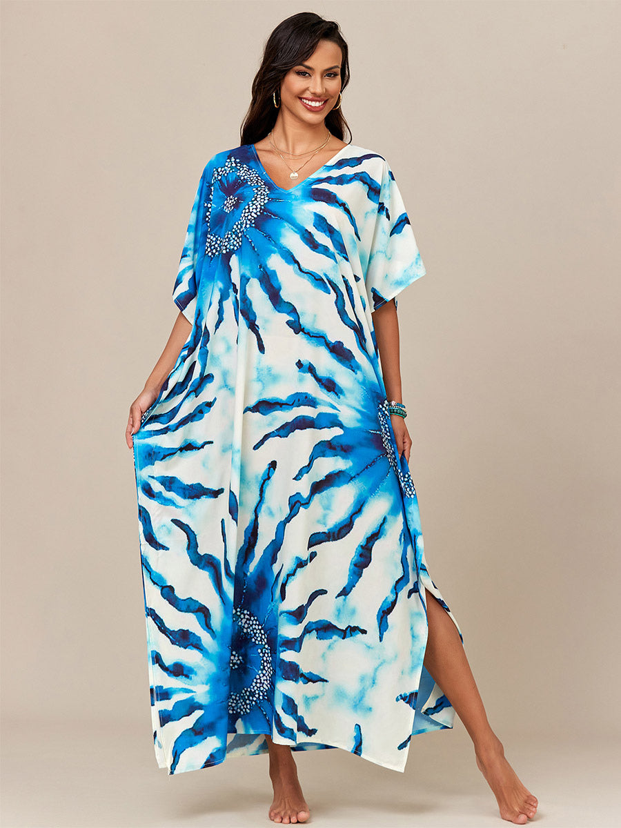 green short sleeve v neck relaxed beach cover up — view 12