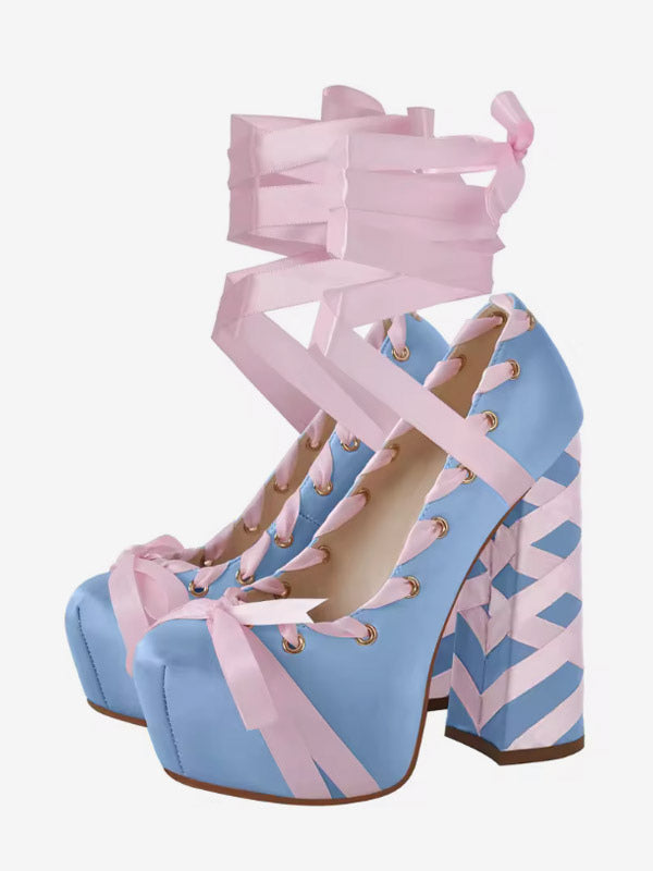 yellow round toe platform block heel court shoes — view 12