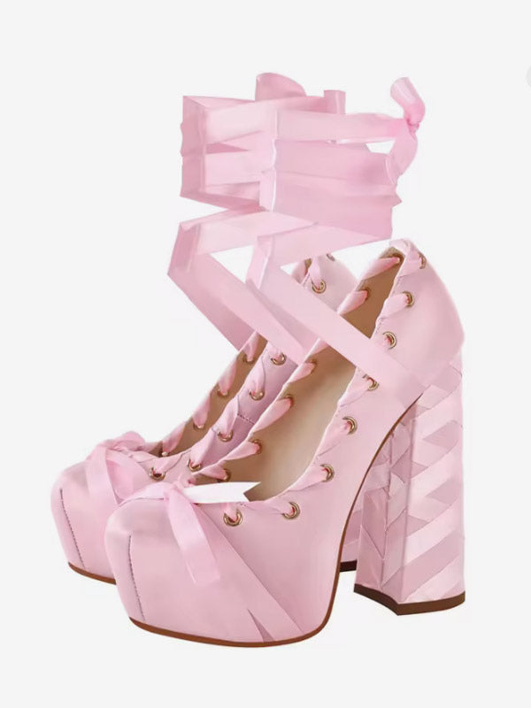 Yellow Round-Toe Platform Block Heel Court Shoes — view 8