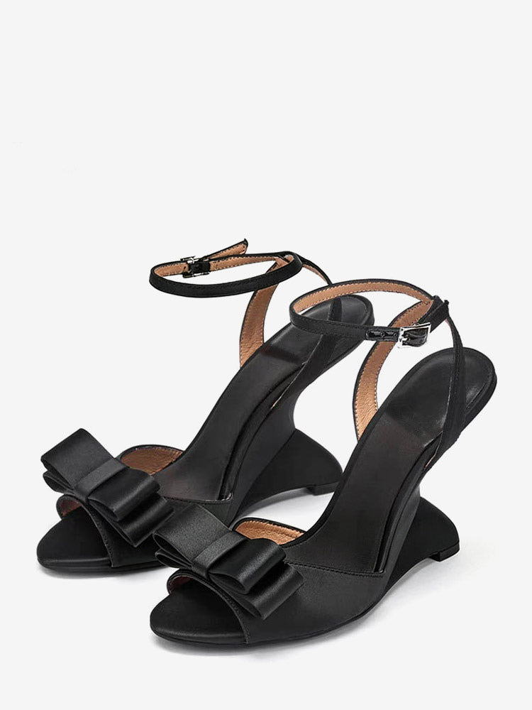 Black Open-Toe Satin Bow Detail Wedge Sandals — view 3